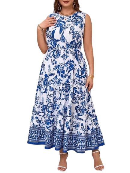 Women's Plus Size Sleeveless Maxi Dress, Blue and White Floral Print, A-Line Fit and Flare, Rayon, Round Neck-picture-36