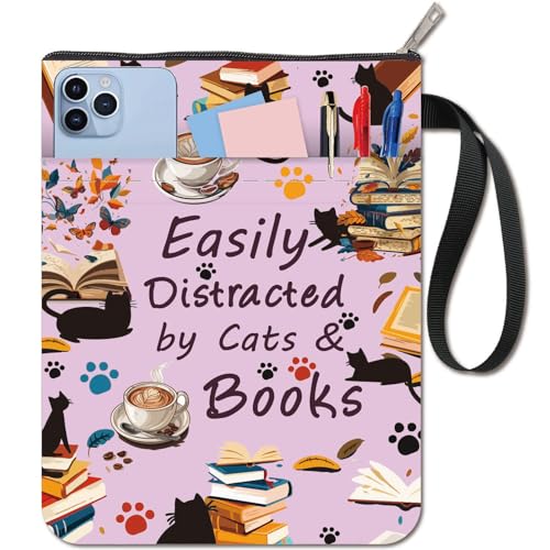 CRASPIRE Cat Book Covers Words Book Sleeve Pink Book Protector for Paperbacks Washable Fabric Cloth Book Cover with Zipper and Extra Sleeve Pocket for Book Lovers Classmate Gifts