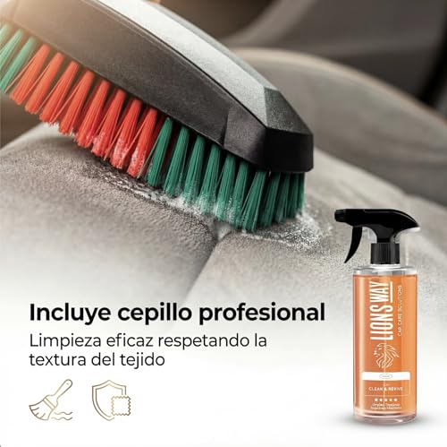 LionsWay: Limpiador de Tapicerías de Coche Profesional con Espuma Activa | Para Téxtil, Piel, Moqueta, Alcántara | Con Cepillo Aplicador y Perfume | Interior Auto y Hogar (500ml)