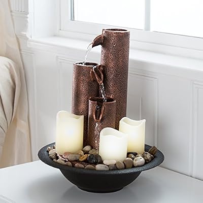 Pure Garden Indoor Water Fountain with LED Candles - Tiered Column Tabletop Fountain with Soothing Sounds - For Office or Home Decor (Bronze)