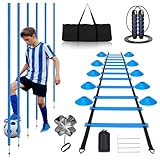 Fussball Trainingszubehör Set, Trainingsset Set Slalom Poles 6 Slalom Stangen mit Koordinationsleiter 6m, 12 Hütchen, Springseil und Resistance Fallschirm, für Koordinationstraining, Slalom, Fußball