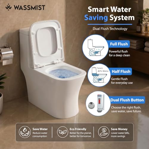 Image of WASSMIST Commode Toilet | Floor Mount One Piece Western Toilet for Bathroom with 10 Year Glaze Warranty | Rimless Tornado Washdown Flush | PP Slow Down Seat Cover | 225 mm S Trap