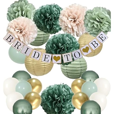 Bridal Shower Decorations Sage Green -Gold Bachelorette Decorations with Bride to Be Banner Balloons Tissue Pom Poms Paper Lantern for Wedding Party Supplies (Boho Green + Gold) Cover