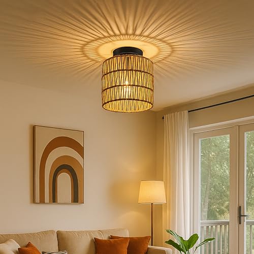 Image of Handwoven Rope Flush Mount Ceiling Light with Metal Frame, Boho Farmhouse Ceiling Lamp, Rustic Jute Hanging Light Fixture for Living Room, Bedroom, Hallway, Balcony, E27 Bulb Holder