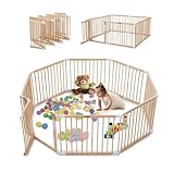 Parc bébé pliable en bois naturel 152x152 cm avec porte sécurisée et ventouses antidérapantes, parc modulable pour bébé et enfant, grande aire de jeu stable pour maison