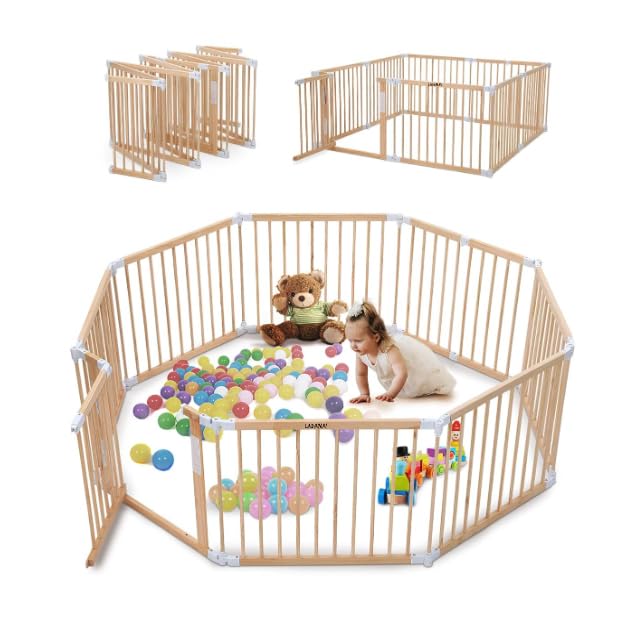 Parc bébé pliable en bois naturel 152x152 cm avec porte sécurisée et ventouses antidérapantes, parc modulable pour bébé et enfant, grande aire de jeu stable pour...