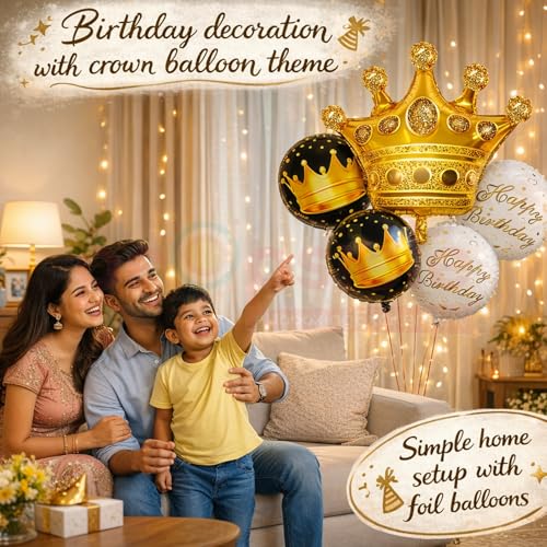 Image of Propsicle Golden Crown Foil Balloon Set of 5 for Birthday Decoration, Includes 1 Crown with 2 Black and 2 White Round Foil Balloons, Prince Princess Theme for Kids and Adults Celebration Backdrop