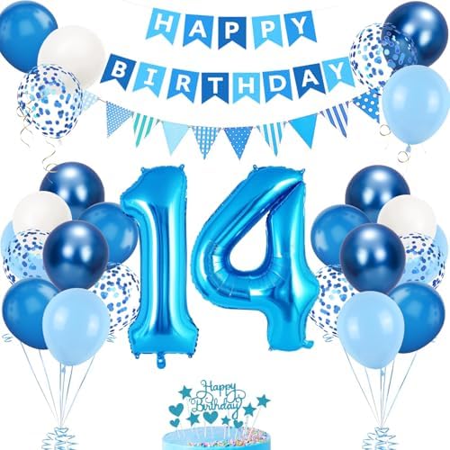 14. Geburtstag Deko Blau, Luftballon 14. Geburtstags, Geburtstagsdeko 14 Jahr, Mädchen 14 jahre Geburtstags Deko-Set, Zahl 14 Luftballons Tortendeko Blau Weiß Ballons für Geburtsta