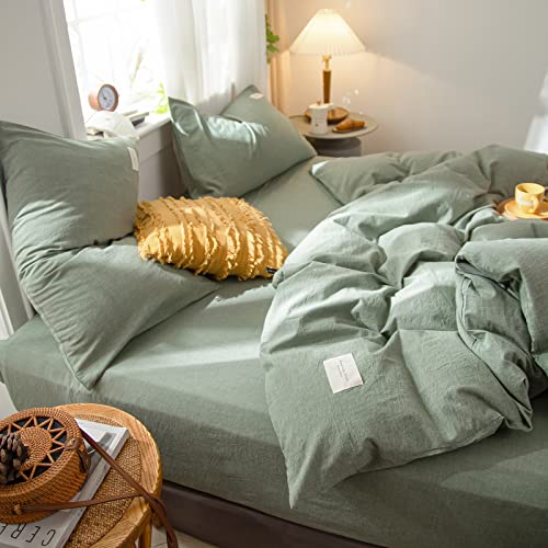 Os Omystyle Sage Green Duvet Cover Queen Size 100% Washed Cotton Linen Like Textured For All Seasons, 3 Pieces Ultra-Soft Solid Color Bedding Set With Zipper Closure, 1Pc Duvet Cover 2Pcs Pillowcases #TOP6