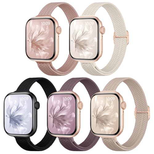 5 Pack Slim Braided Stretchy Bands Compatible with Apple Watch Band 40mm 41mm 42mm 38mm 44mm 45mm 46mm 49mm Women Men, Thin Elastic Nylon Solo Loop Straps for iWatch Series 10 9 8 7 6 5 4 3 11 SE 2/1