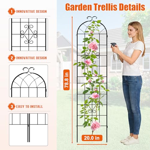 Image of LZRS 2 Pack 78.7x20in Rustic Iron Arch Decoration Garden Trellis with Black Metal Coating - Perfect for Supporting Climbing Plants Outdoor, Roses, Vines, Flowers, and Vegetables.