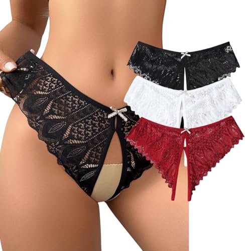 Image of Womens Sexy Thongs Lace Panties Underwear Low Rise Plus Size Underpants Pack of 1-3