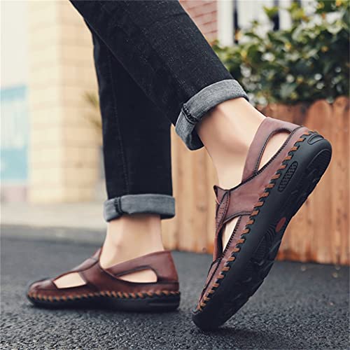 Shoes Men's Sandals Genuine Leather Beach Shoe Hollow Cut Out Flats Casual Sandals(44)2