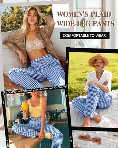 Pantalon de pyjama à carreaux avec cordon de serrage pour femme coupe large en coton