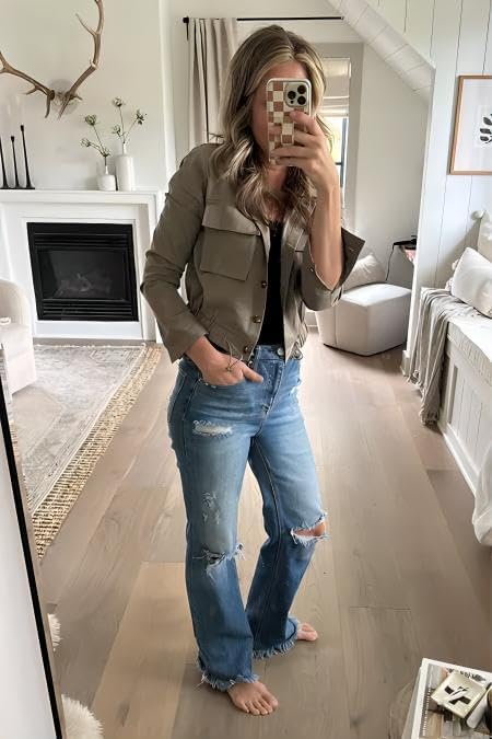 Onedreamer Women's Military Safari Cropped Jackets Button Down Lightweight Oversized Utility Anorak Coat with Pockets - Image 4