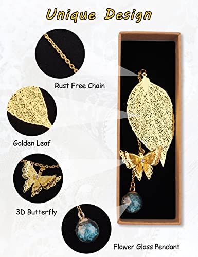 Metal Leaf Bookmark With Butterfly Pendant For Books Lovers Teacher Women Leaf Bookmarks Birthday Golden Christmas Valentine's Day Gift(Golden Leaf Blue Glass) #TOP1