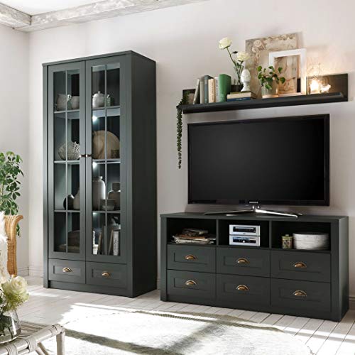 Lomadox Moderne Landhaus Wohnwand im edlem englisch-grün - inkl. Vitrine mit Rückwandbeleuchtung