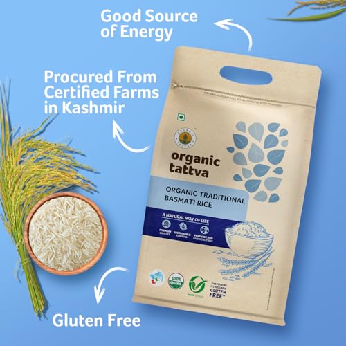 Image of Organic Tattva, Organic Traditional Basmati Rice 5Kg | Everyday Basmati Rice | Source of Protein| Naturally Gluten Free | Flavorful and Aromatic Rice | Pesticide and Chemical Free