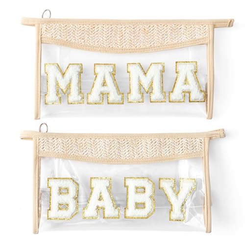 Image of Belanttega Boho Patch Cosmetic Bag, Mother's Day MAMA BABY Chenille Varsity Letter Travel Toiletry Makeup Bag Summer Beige Clear Waterproof Makeup Pouch PVC Zipper Clutch Daily Use Purse for Mom Women