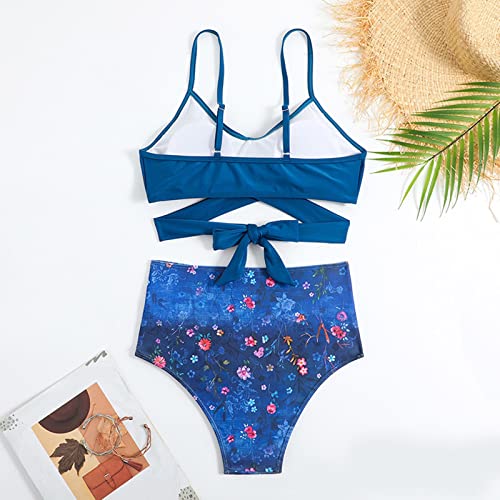 Conjunto de biquíni esportivo para mulheres, duas peças, top curto com shorts, Azul marino, M