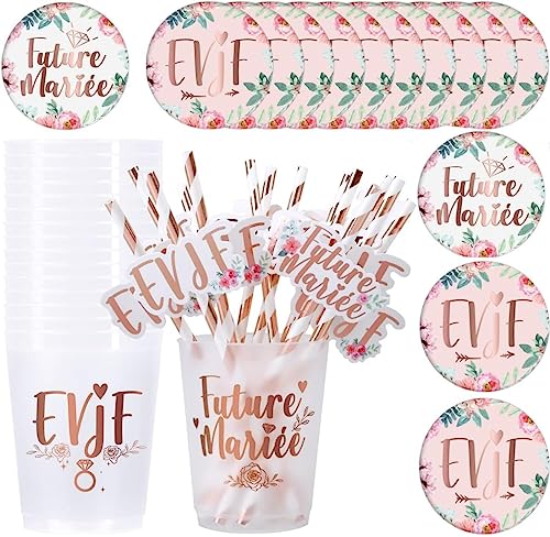 iZoeL Gobelet EVJF 1+14 Kit, Badge Future Mariée Badge EVJF Tasse Paille - Team Bride Accessoire Enterrement de Vie de Jeune Fille Decoration