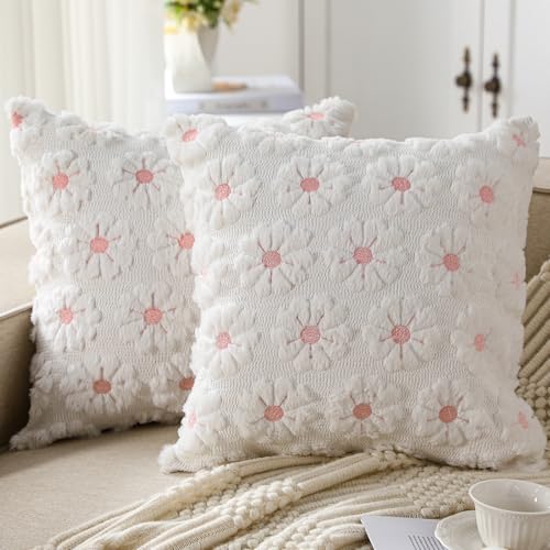 Reallnaive Spring Summer Pillow Covers 18x18 Inch Set of 2 Flower Pillow Covers Spring Decorative Cute Embroidery Faux Fur Soft Farmhouse Springtime Aesthetic for Bed Sofa Couch