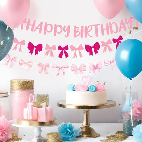 Image of Pink Coquette Birthday Banner - Sweet Bow Happy Birthday Decorations 3 Pcs Hanging Ribbon Banner Streamers Garland Decor for Girls Women Party Decoration Supplies