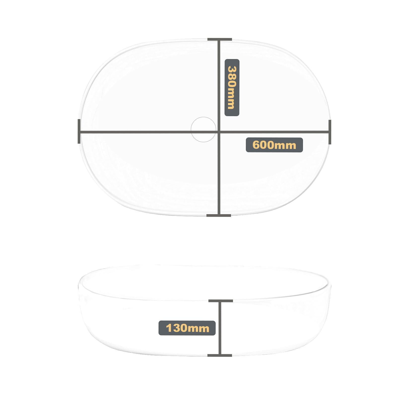 Lavabo ovale en céramique sanitaire de qualité supérieure - 60 x 40 x 15 cm - Lavabo à poser, pour salle de bain et WC d'invités - Sans trou de robinetterie et trop-plein - Blanc - 60 x 40