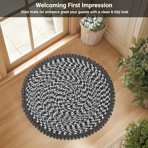 Image of Kuber Industries Pack of 2 Round Durable Door & Bathroom Mat for Indoor & Outdoor Use | 30 inchx30 inch Washable Kitchen Mat for Floor | Bedside Rug & Balcony Paidan | Spiral Design - Grey & White