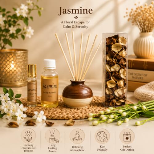 Image of AuraDecor Reed Diffuser Gift Set with Potpourri, Fragrance Oil & 6 Reed Sticks | Air Freshener for Living Room, Bedroom & Office | Decorative Aroma Diffuser Gift Set (Jasmine, X-Large)
