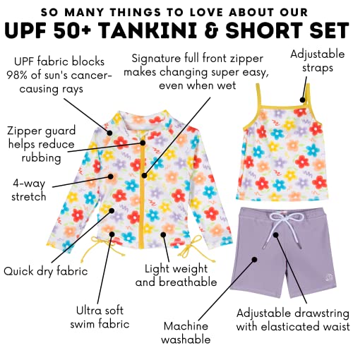 SwimZip Girls' 3 Pc Swim Set w/Long Sleeve Rash Guard, Tankini & Shorts UPF 50+3