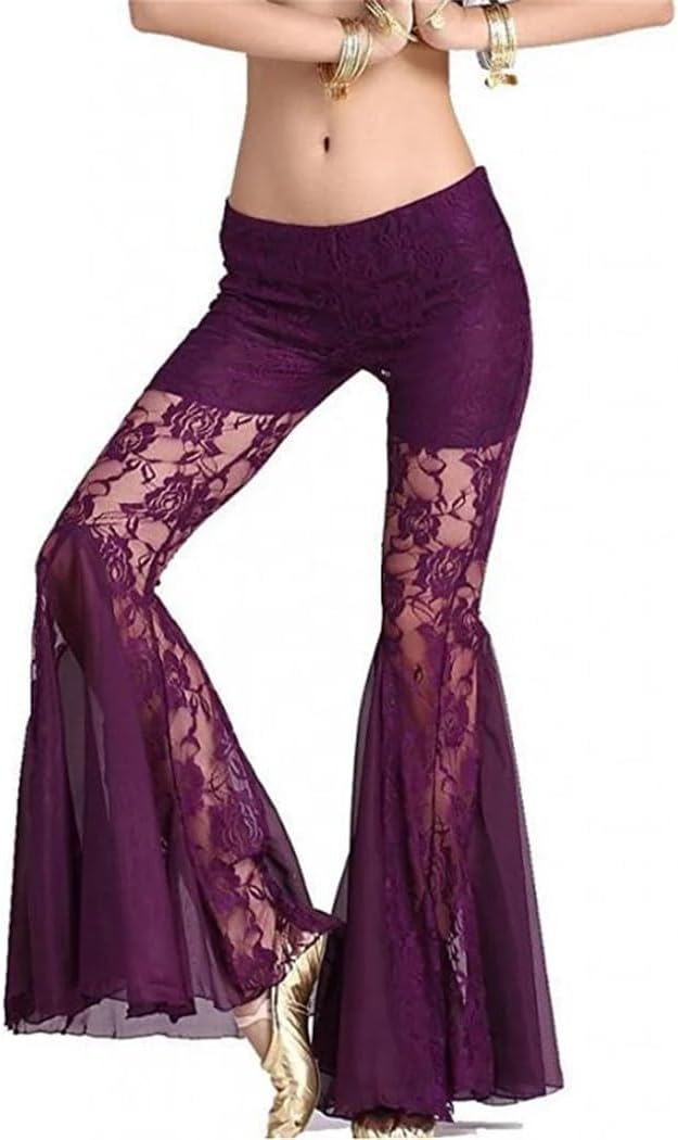 Women's Professional Belly Dance Pants Sexy Lace Flared Trousers for Performances