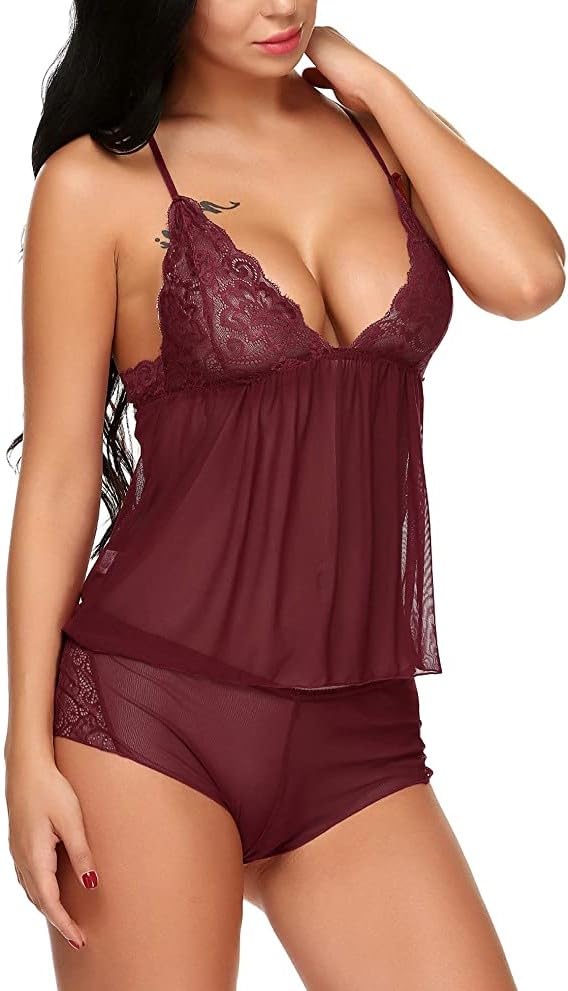 weavewear clothing Women Lace Babydoll Lingerie Set Sexy V Neck Sleepwear Mesh Chemise Nightwear with Matching Panty Soft Sheer Bridal Night Dress-picture-54
