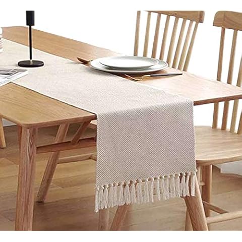 Aspthoyu Cotton Linen Fringe Table Runner, Geometric Handmade Woven Fabric Decorative Table Runners, Macrame Tablerunner for Kitchen, Restaurant, Hotel, Cafe, 33x180 cm Cover