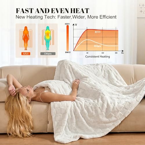 Image of IUUI Heated Blanket Electric Throw Checkered- 62x84 Inches Soft Flannel Heating Blanket for Girls & Women, Fast Heating Blanket 6 Heating Levels & 2 Hours Auto Off ETL Certification(Cream White, Twin)