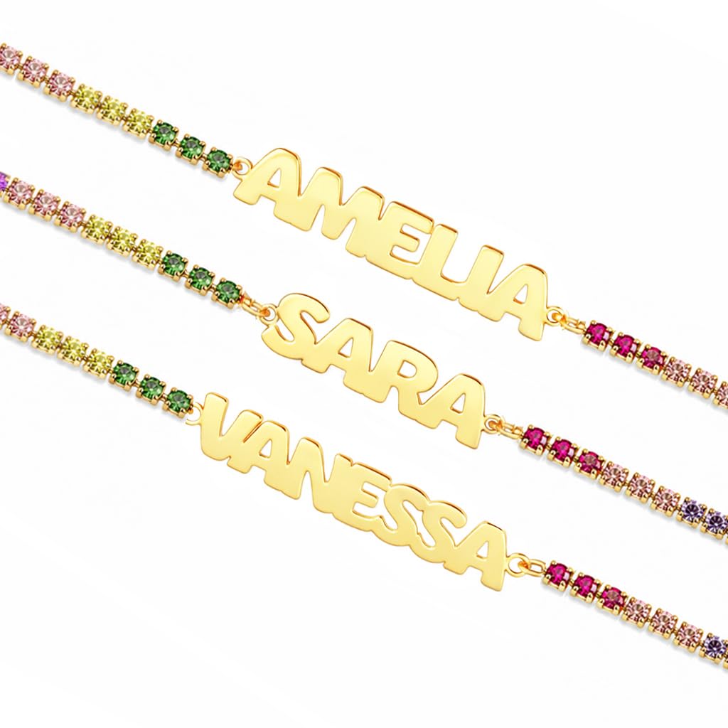 Sakrami Bracciale con Nome Tennis Personalizzato Stampatello Argento 925 Rodiato o Placcato Oro con Zirconi Bianchi Rosa Multicolor, Regalo Donna Ragazza Laurea Compleanno Comunione