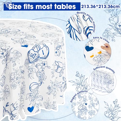 Image of Ganeen 6 Pcs Something Blue Tablecloth I Do Blue Floral Round Tablecloths Bridal Shower Bachelorette Party Decorations Plastic Round Table Covers for Wedding Bridal Shower Home Party Decoration