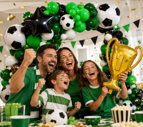 Image of 150Pcs Soccer Balloon Garland Arch Kit - Dark Green White Black Soccer Party Decorations Different Sizes Latex Party Balloons for Birthday World Football Boys Sports Theme Party Decorations