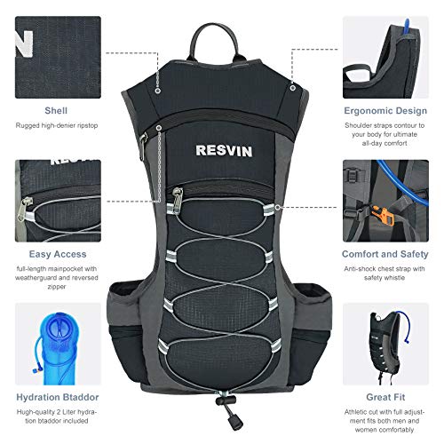 RESVIN Hydration Pack Backpack with 2L Water Bladder, 70 oz BPA Free Bladder Bag for Running, Hiking, Camping, Cycling, Climbing, Biking (Grey)