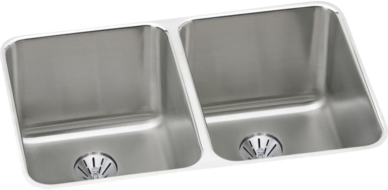 Elkay Lustertone ELUH322010PD Equal Double Bowl Undermount Stainless Steel Kitchen Sink with Perfect Drain