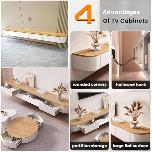Image of Floating TV Stand Wall Mounted - Wall Entertainment Center with Flip-Down Doors & Drawers, Modern Hanging TV Shelf for Living Room, Media Console for 65 /75 80 Inch TVs (White+Wood, 94.5IN /240CM)