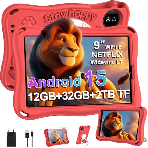 SUAAT Tableta para niños de 9 Pulgadas Android 15 | 12GB+32GB | WiFi 6 | iWAWA preinstalado | Widevine L1| GMS | 5+8 MP | Cast |Asistente AI|OTG| Control Parental | con Funda Protectora Eva (Rojo)