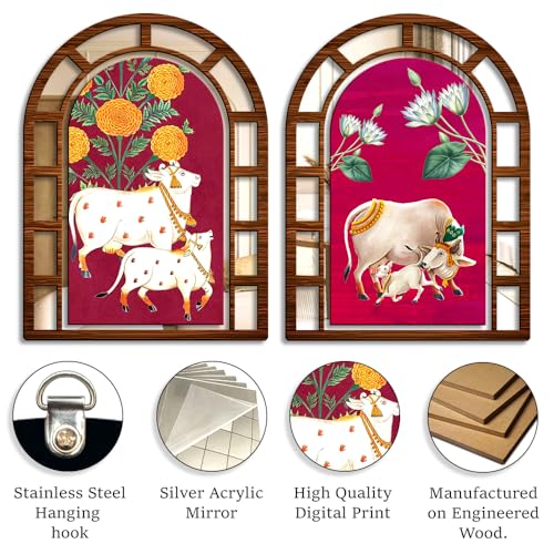 Image of Sehaz Artworks Cow Mirror Jharokha Wall Decor for Living Room - 40x30 CM