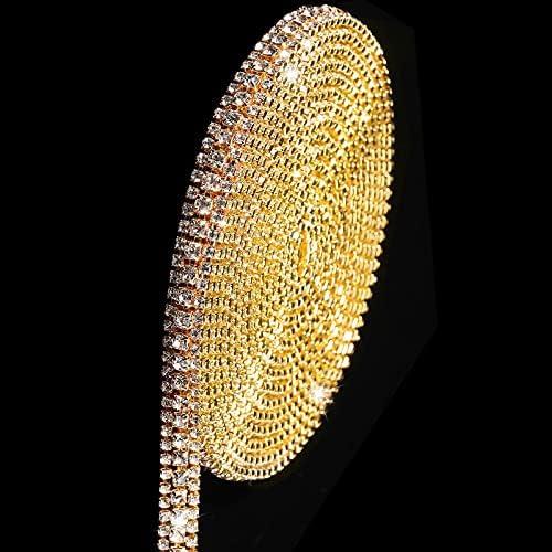 3 Rows Crystal Rhinestone Close Chain Trim for Crafts (White Rhinestone with Gold Base,3 Yard x 0.47 Inch)