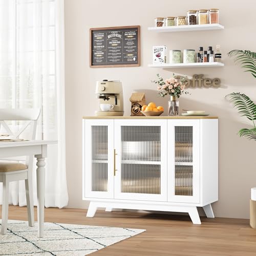 Image of 36 inch Sideboard Buffet Cabinet with Storage, Contemporary Farmhouse Kitchen Sideboard with Glass Doors & Adjustable Shelves for Dining Room & Living Room