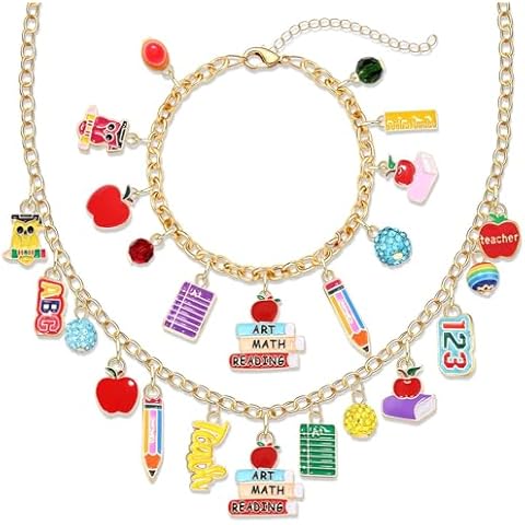 YAHPERN Teacher Necklace Earrings Bracelet for Women, Teacher Accessories, Cute Pencil Book Charms Bracelet Choker Necklace Earrings Teacher Appreciation Gifts Back To School Jewelry (Teacher) Cover