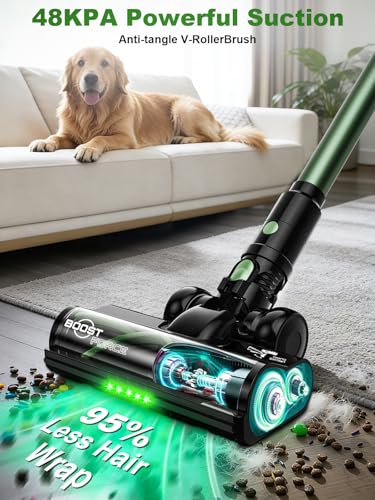 Image of Cordless Vacuum Cleaner, 58Kpa Vacuum Cleaners for Home, 55Mins Stick Vacuum with Self-Standing & LED Display, Anti-Tangle & Wall Mount Charging (Green Black)
