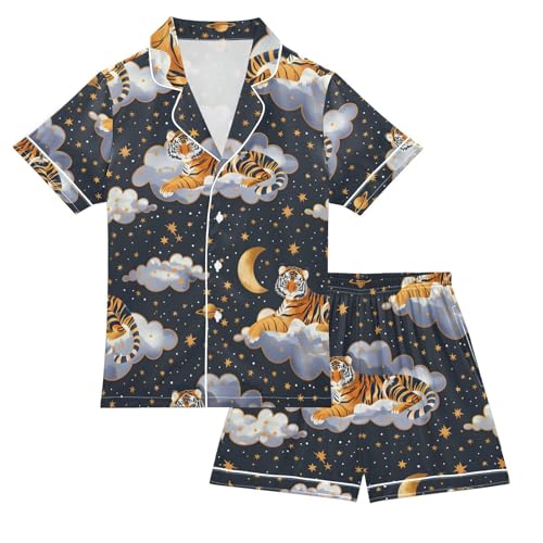 ALAZA Tiger Moon Star Cloud Pajamas Satin Pajama Set Short Sleeve Button Down Sleepwear