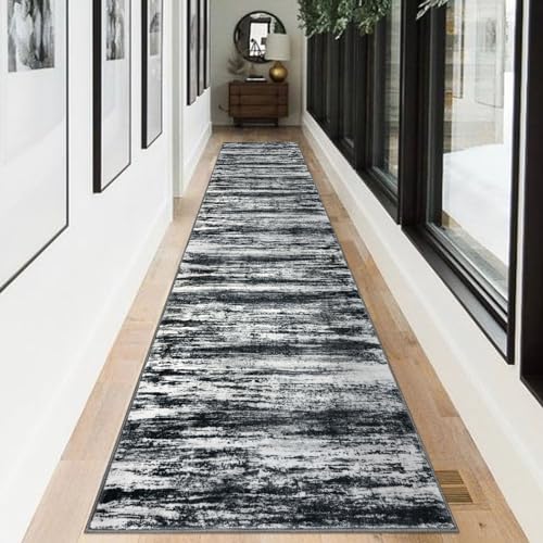 KOZYFLY Modern Abstract Washable Rug Runner 2.6x12 Hallway Rug Runner Non-Slip Soft Kitchen Runner Rugs, Black Navy Blue Grey Striped Carpet for Entryway Bathroom Laundry Room Foyer