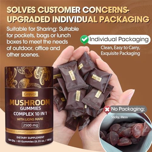 Grevol Mushroom Gummies with Lion's Mane - Reishi, Chaga, Cordyceps - Individually Wrapped - Mushroom Complex Supplement for Adult - 60 Counts — view 4